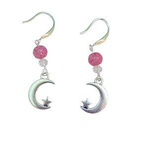 Pink 925 stamped sterling silver hook dangle half moon star earrings
